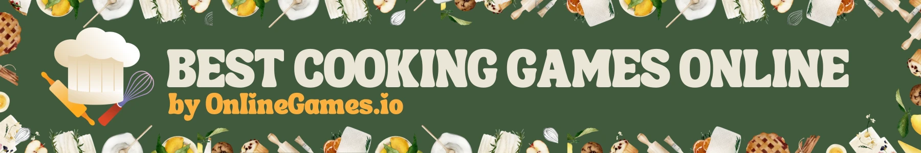 Colorful banner for online cooking games featuring kitchen utensils and delicious food items